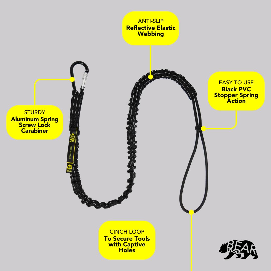 BearTOOLS Smycz narzędziowa z aluminiowym karabińczykiem z blokadą śrubową i regulowanym końcem pętli, standardowa długość, maksymalny limit wagi 8 kg / 17,6 funta, ogranicznik upadku ze stoperem sznurkowym, opakowanie 50 sztuk (czarny 09250S)
