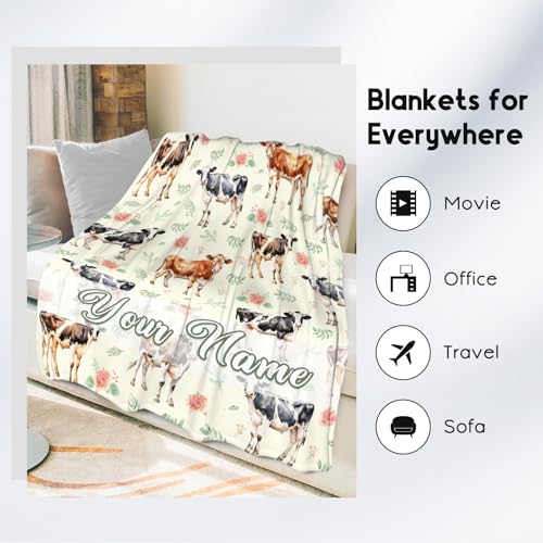 Custom Cow Blanket, Cute Soft Throw Gifts for Adults Women, Cozy Flannel Throw Blankets for Bed Living Room, 60"x80"
