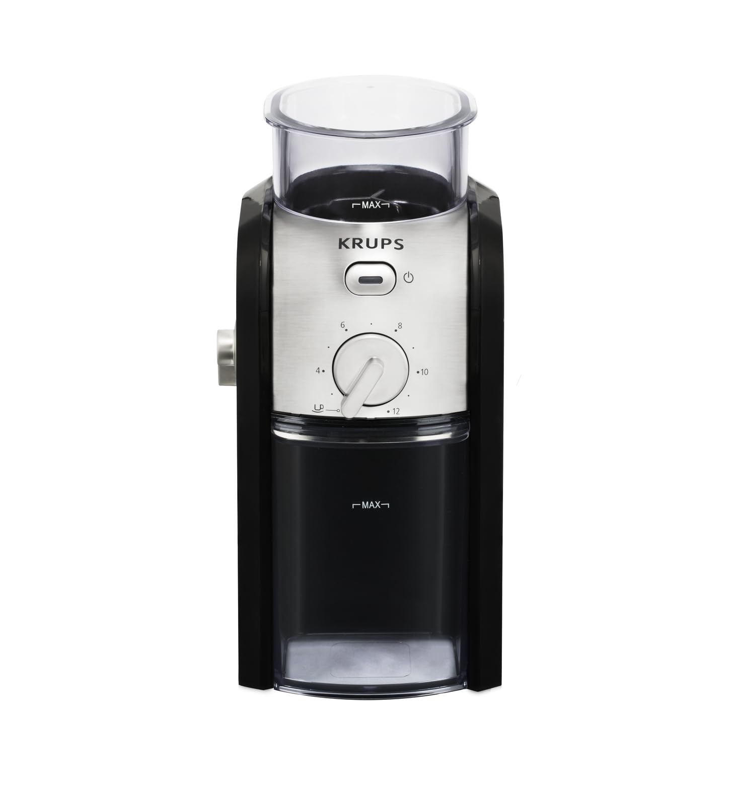 Krups elektrische Kaffeemühle mit Mahlgrad- und Tassenzahlauswahl, Scheibenmahlwerk aus Edelstahl, 17 verschiedene Stufen, große Einfüllöffnung mit Sicherheitsdeckel, Espressomühle, Schwarz, GVX212