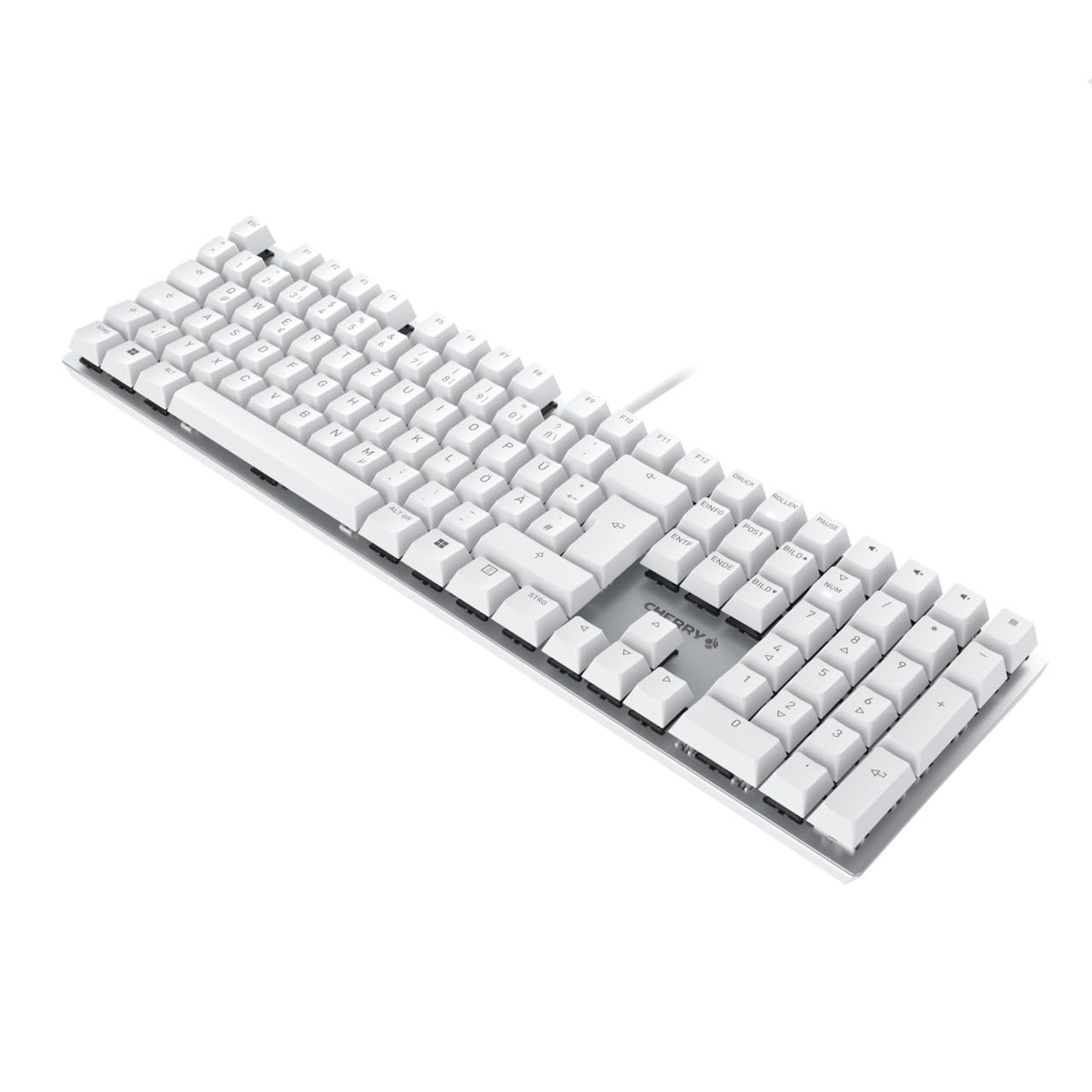 CHERRY KC 200 MX, Clavier de Bureau mécanique avec Plaque en métal anodisé, Disposition Allemande (QWERTZ), Filaire, MX2A Silent Red Switches, Blanc/argenté