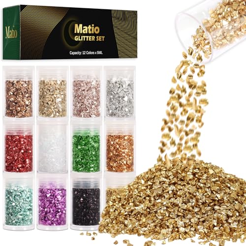 Matio 12 Colors Crushed Glass Irregular Glitter 4.23oz/ 120g Crushed Broken Glass Sprinkle Chips for Resin Epoxy Jewelry DIY Shattered Crystal Flakes Sequins for Nail Art Decor Phone Case Vase Filler