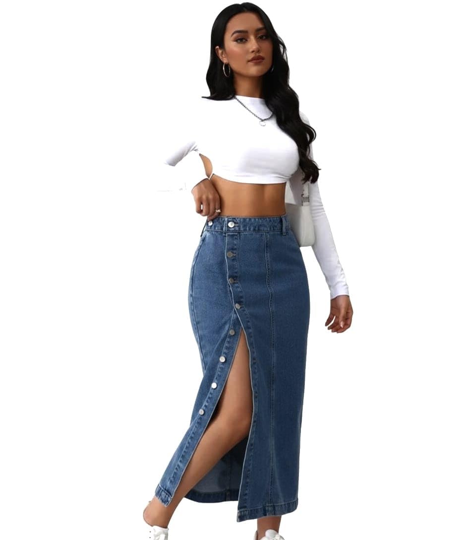 Women’s High Waist Denim Midi Skirt Front Button Down Long Jean Skirt with Side Slit Casual Summer Bodycon Pencil Skirt