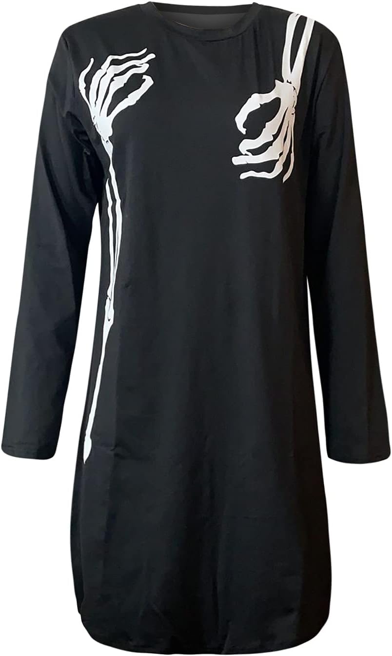 5665 Halloween Costume for Women Skeleton Print Fall Mini Dress Casual Crew Neck Long Sleeve Fashion 2021 Fall Blouse : Sports & Outdoors