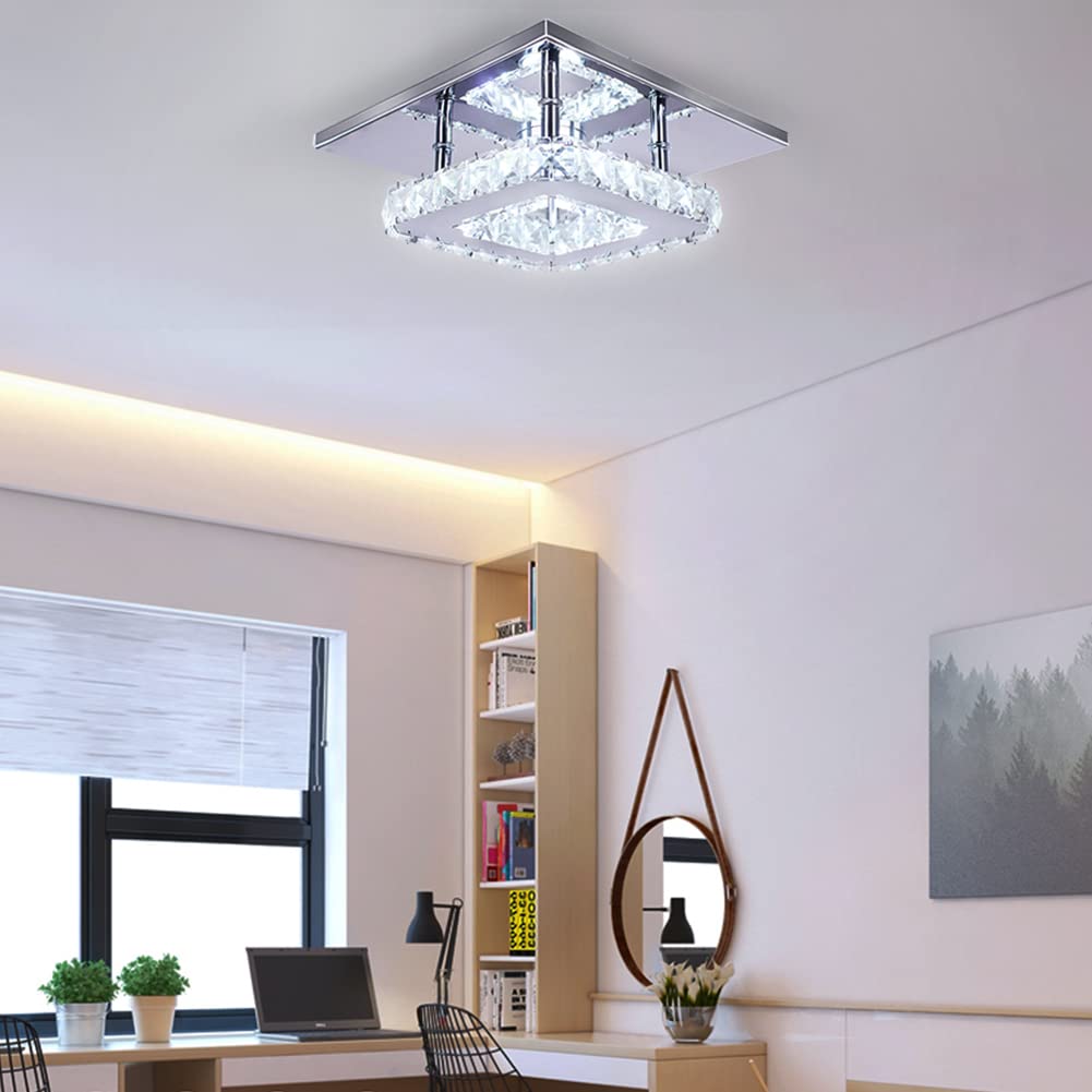 Mini Kristall Kronleuchter Kristall Deckenlampe Quadrat LED Pendelleuchte für Flur Treppe (kühl weiß)