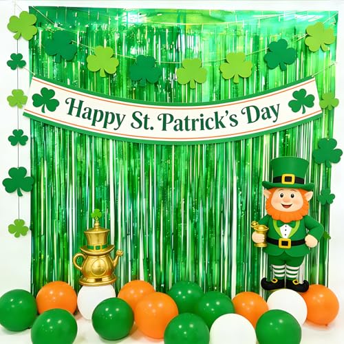 Image of 4 Pack Tinsel Backdrop 12.8x8.2 Green St Patricks Day Party Decorations, Metallic Backdrop Curtains Tinsel Curtains Streamer Backdrop, Party Supplies Wall Decor for Green Birthday Decorations