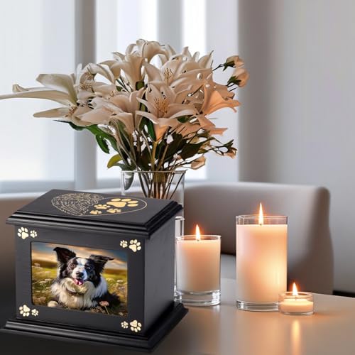 Haustier-Aschebox-Urnen für Hunde-Gedenken XLarge Holz-Feuerbestattungsurnen mit Bilderrahmen Gedenk-Andenken Erinnerungsbox mit schwarzem Flanell als Auskleidung