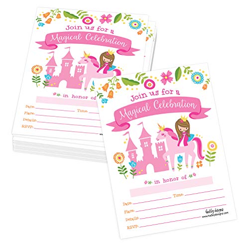 Image of Hadley Designs Kids Birthday Invitations Girl Unicorn Theme - 25 Royal Birthday Party Invitations For Girls, Princess Invites For Girls, Cute Fairytale Party Supplies, Made in USA