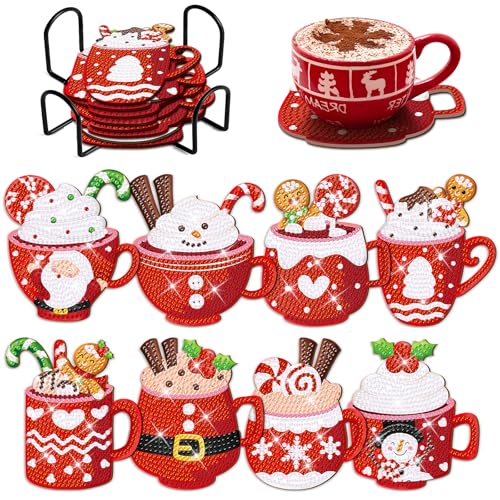 clothmile 8 PCS Christmas Diamond Art Coasters Christmas Hot Cocoa Diamond Art Coasters Kits with Holder Santa Claus Snowman DIY Coasters for Beginners, Adults, Kids, Diamond Art Crafts Supplies