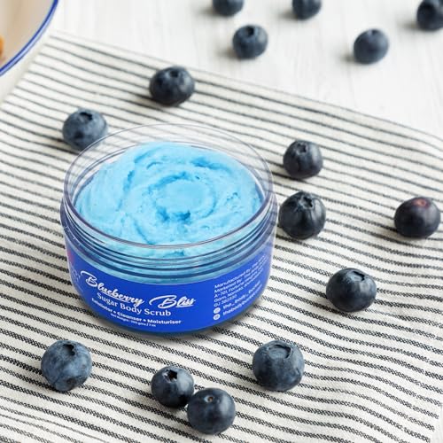 Image of The Body Bucket Blueberry Bliss Sugar Body Scrub- 200g | Included Free Bath Bomb | 3-in-1 Exfoliator, Cleanser, Moisturizer | De-Tan & Brightens Dark Areas| Smooths Strawberry Legs & Arms | Sulfate & Paraben Free