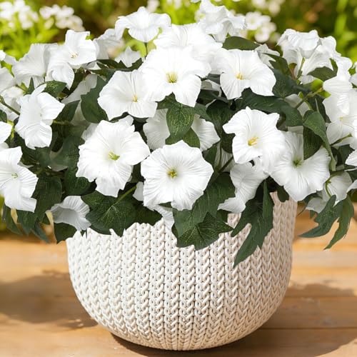 SIECCY Artificial Flowers for Outdoors Faux Petunias Spring Summer Decoration Fake Flowers Plants UV Resistant Look Real Silk Flowers for Outside Planter Front Door Porch Patio Yard (6 White)