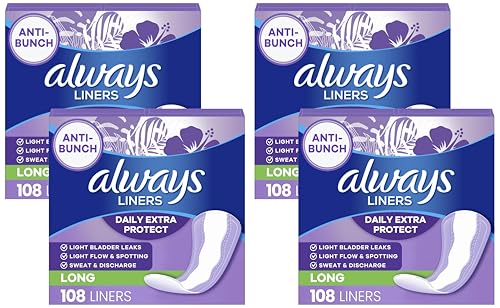 Image of Always Panty Liners for Women Anti-Bunch Xtra Protection Daily Liners, Long, Unscented 108 Count (Pack of 4)
