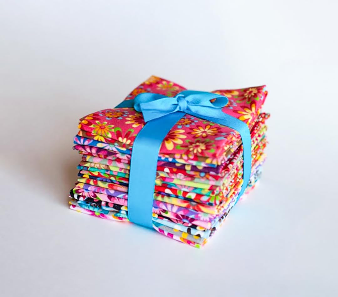 Crazy Daisy Fat Quarter Pack Pre-Cut 100% Cotton Fabric Quilt, 14 Unique Colors, 18 x 22 Inches, Perfect for Quilting and Crafting (14 Pieces Lot)