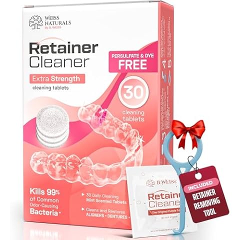 B. WEISS Retainer Cleaner Tablets, Remove Stains, Odors & Plaque, Night Guard Cleaner, 1-Month Supply of PERSULFATE & DYE-FREE Denture Cleaner, 30 Tablets Cover