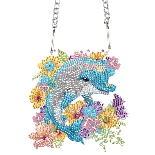 Image of AiYuanzsh Dolphin and Flowers Diamond Painting Hanging Kit - DIY Acrylic Pendant with 5D Special Shaped Rhinestones, Diamond Art Decorative Art Board for Wall, Door or Garden, Handmade Gift
