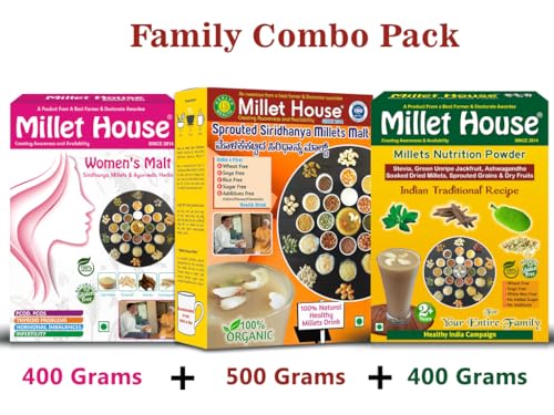 Image of Millet House Family Combo Health Mix with Sprouted Siri Dhanya Millets Malt 500g, Women's Malt 400g, Millet Nutrition Powder 400g (Pack of 3, 1.3 KG)