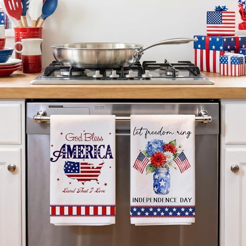 Image of Hexagram 4th of July Kitchen Towels, Patriotic Hand Towel for Bathroom, 4th of July Decor for Kitchen, Memorial Day, Independence Day Dish Towel, Patriotic Dceor for Bathroom
