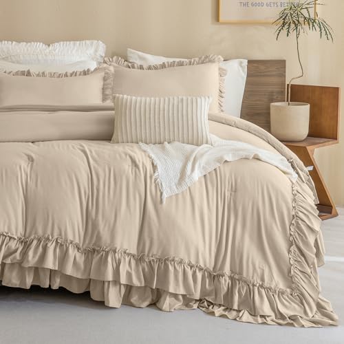 Image of Queen's House Ruffled King Size Comforter Set,Linen Feel Textured Farmhouse Lightweight Fluffy Boho Chic Bedding Comforter,Ultra Soft Microfiber Inner Fill Bedding