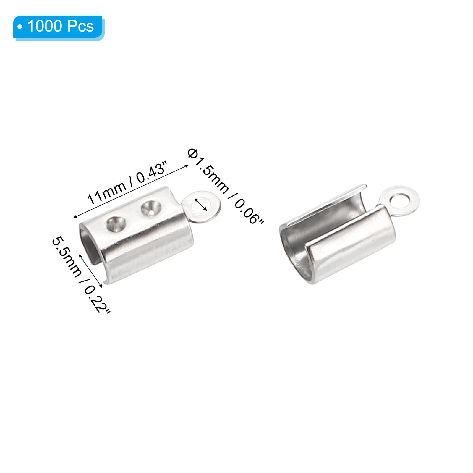 PATIKIL 11 x 5.5 mm Fold Over Crimp Cord Ends, 1000Pcs Stainless Steel Folded Cylindrical Clamp Ends for Leather Jewelry Making, Silver