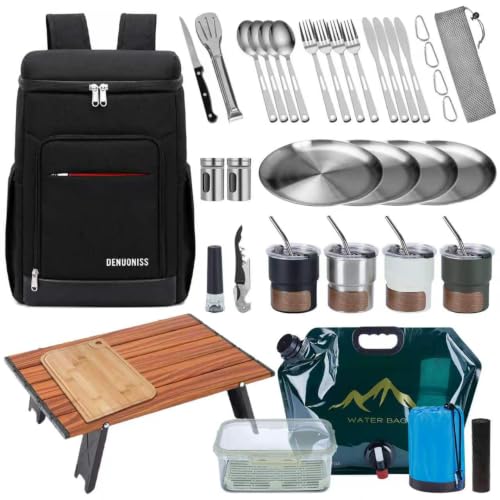Image of Picnic Backpack Set with Fold Table, Water Bag, Cooler Ice Box & Stainless Steel Utensils - Portable Outdoor Camping Gear for Family Picnics & Hiking (Black, A-4 Person)