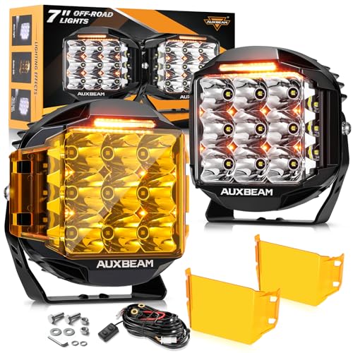 Image of Auxbeam 7inch 228W Round LED Offroad Light Pod, V-MAX Series 26100LM Side Shooter LED Offroad Driving Lights with Amber DRL, 270 Beam Auxiliary Ditch Light for Truck ATV Jeep Ford