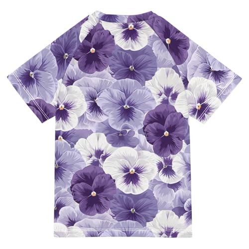ALAZA Kids Rash Guard Girls Toddler Swim Shirts Short Sleeve Pansy Flowers White Violet UPF 50+ 3T2