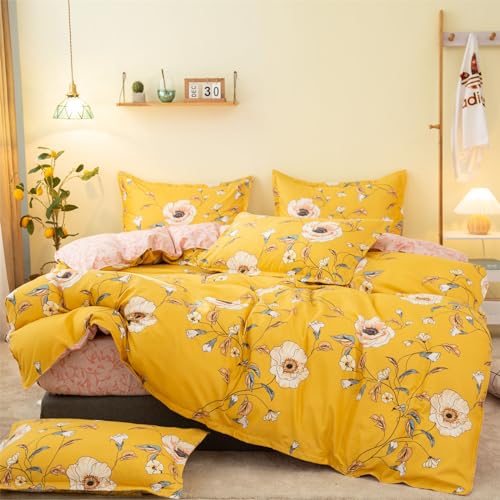 Odot Fleurs Parure de Lit 4 Pieces, Ensemble de Literie avec Housses de Couettes, Drap Plat et Taies D'oreillers, Set de Housse de Couette pour 1~2 Personnes (Fleurs Jaunes,220x240cm)