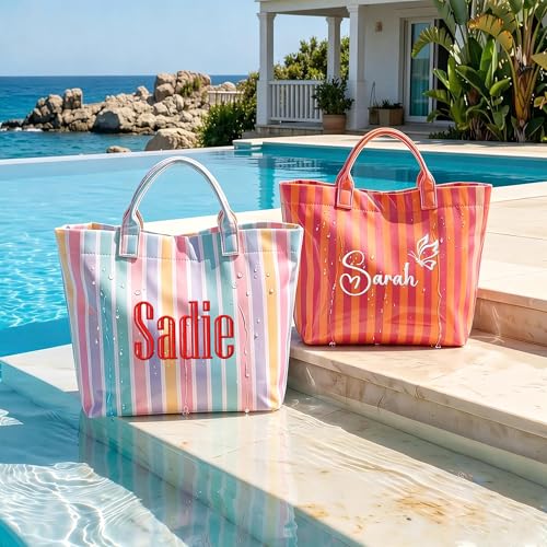 Bolsa tote de playa personalizada impermeable con rayas para mujer miniatura 6