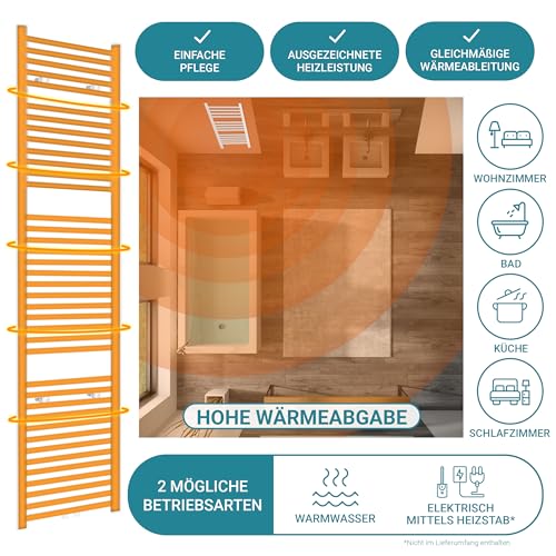 VILSTEIN Badheizkörper, Heizkörper Bad, Handtuchheizkörper Seitenanschluss & Mittelanschluss, Flachheizkörper, Bad Heizkörper Flach, Badheizkörper Handtuchhalter, Weiß, 814W, 180x50 cm