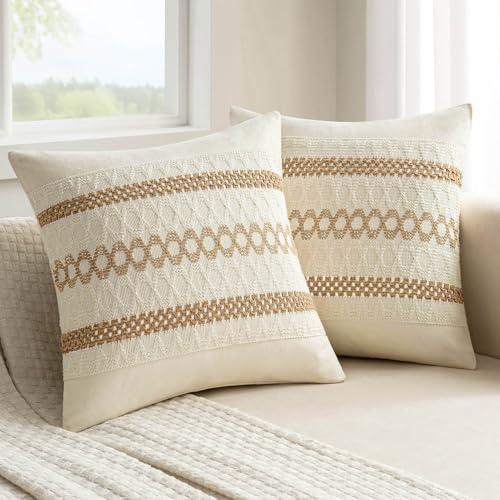 Image of MIULEE Set of 2 Neutral Boho Decorative Pillow Covers 20x20 Inch Farmhouse Rustic Couch Throw Pillows Modern Spring Cotton Cushion Covers Retro Cute Macrame Woven Home Decor for Bed Sofa Chair