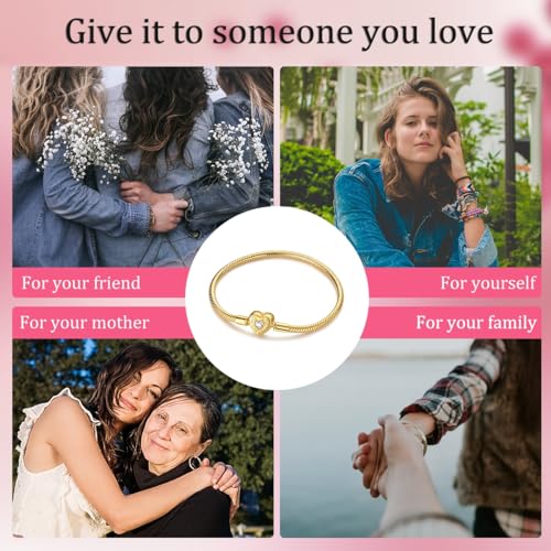 Image of 925 Sterling Silver Snake Chain Bracelets Fit Pandora Charms,Heart Clasp Bracelets Perfect For Any Glamour Gift for Women with 5 A Cubic Zirconia