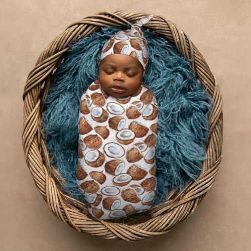Image of Watercolor Coconuts Newborn Swaddle Blankets Hat Sets Soft Baby Receiving Blanket Swaddle Sack for Baby Shower Infant Boy Girl Gift