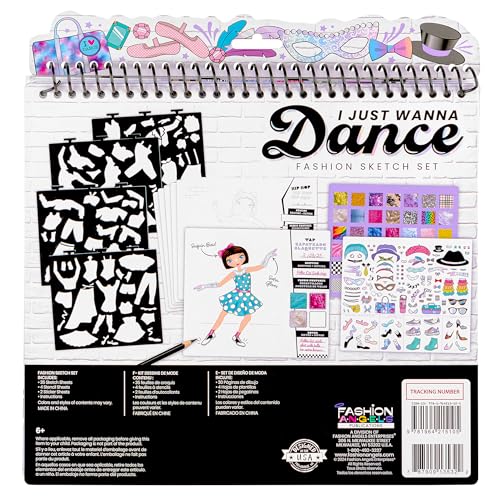 Image of Fashion Angels I Just Wanna Dance Fashion Sketch Set | Create Dance-Themed Outfits with 35 Sketch Pages, 100+ Stickers & Stencils, Fun Craft Kit for Kids