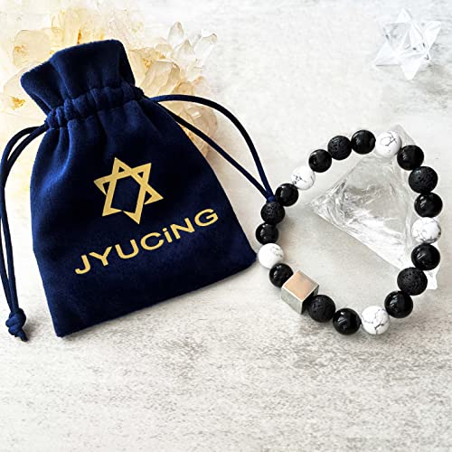 Jyucing Crystal Bracelet Natural Black Onyx Lava White Turquoise Stone Healing Stone 10Mm Round Beads Hematite Square Bead Stretch Bracelet 7.2" Unisex #TOP3