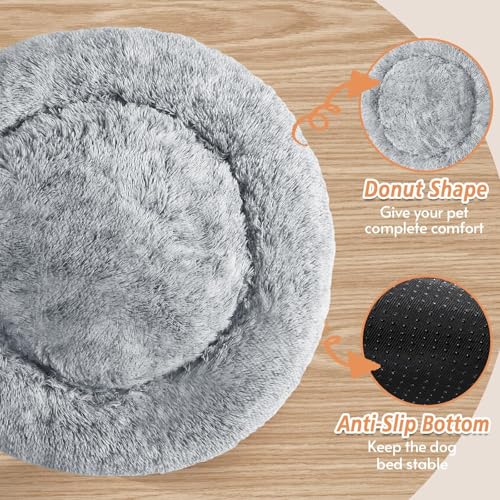 JOLLYVOGUE Calming Dog & Cat Bed for Small Dogs, Anti-Anxiety Donut Cuddler Cozy Soft Round Bed with Anti-Slip Bottom, Fluffy Faux Fur Plush Cushion Beds for Small Medium Dogs (20") - Image 4