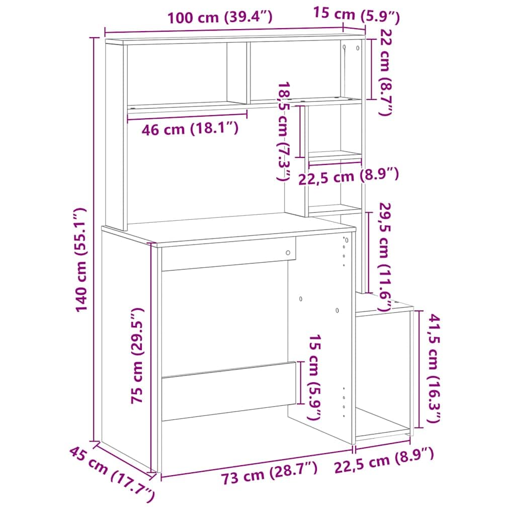 Scrivania con ripiano grigio cemento, 100 x 45 x 140 cm, in legno, grande scrivania da ufficio con spazio di archiviazione, versatile come tavolo da gioco o scrivania per computer, utilizzabile per