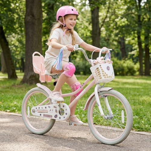 Image of Olakids Kids Bike, 12 14 16 18 20 Inch Girls Bicycle with Doll Seat Basket Adjustable Seat and Handlebar, Handbrake and Coaster Brake