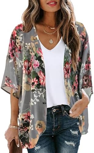 Women's Floral Print Puff Sleeve Kimono Cardigan Loose Cover Up C...