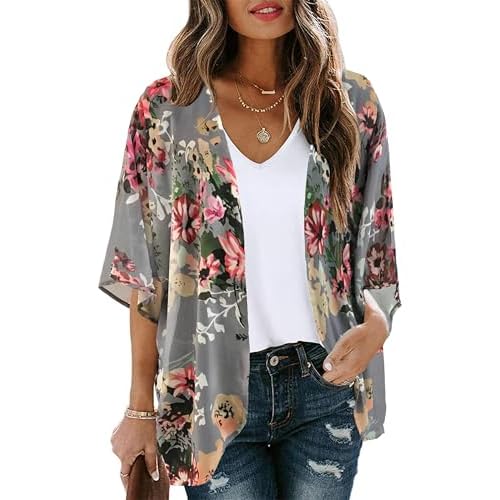 Women's Floral Print Puff Sleeve Kimono Cardigan Loose Cover Up Casual Blouse Tops 2026