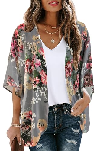 Women's Floral Print Short Sleeve Shawl Chiffon Kimono...