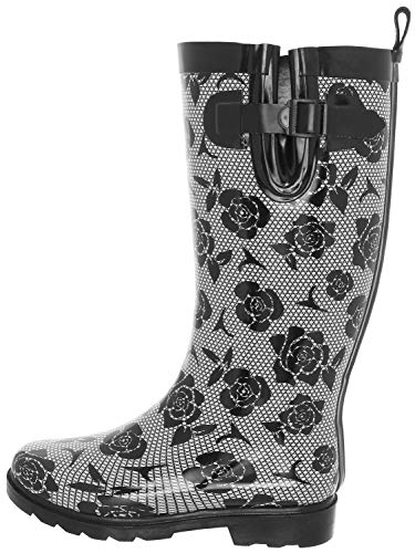 Capelli New York Ladies Shiny Tall Rubber Cozy Lined Rain Boots Lace and Rose Print Black Combo Size 73