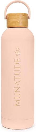 Miniatura 2 de Botella de agua aislada  Botella de agua aislada de 24 onzas con asa, botellas de agua a prueba de fugas con tapa de bambú, acero inoxidable, para