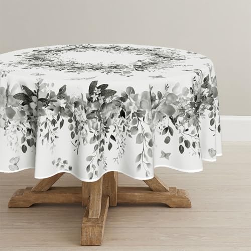 Image of Horaldaily Spring Tablecloth 60 x 60 Inch Round Eucalyptus Floral Gray | Washable Table Cover for Party Picnic Dinner Decor