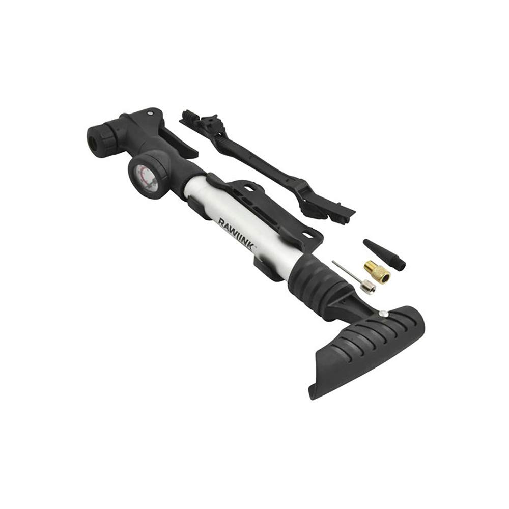 RAWLINK 36021 Bicycle Pump Mini with Manometer and included accessories, including mounting brackets and various valve adaptors.