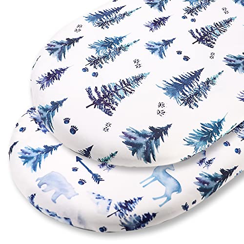 Image of Pea Pod Bassinet Sheets Set 2 Pack for Baby Boy Girls, Soft Jersey Knitted Fitted Sheets for Cradle or Bassinet Pad Oval Rectangle and Hourglass Bassinet Mattress, Woodland Animal