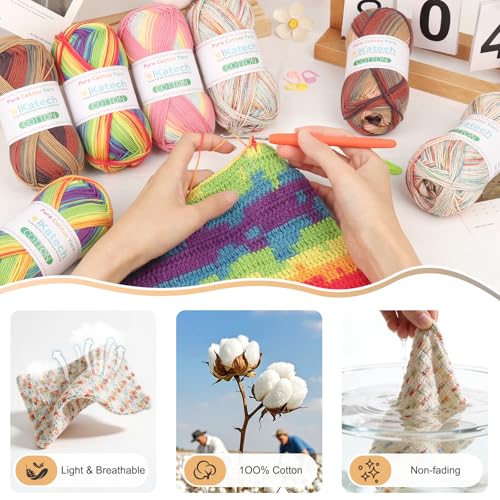 Image of Katech 1OO% Ombre Cotton Yarn for Crocheting - 2 Sport Weight Baby Yarn for Knitting - 6 Pcs of 50g(1.76oz) /160m(175yd), Fine Soft Multicolor Yarns for Baby Blankets, Afghans, Shawls, Dress, Hats (D)