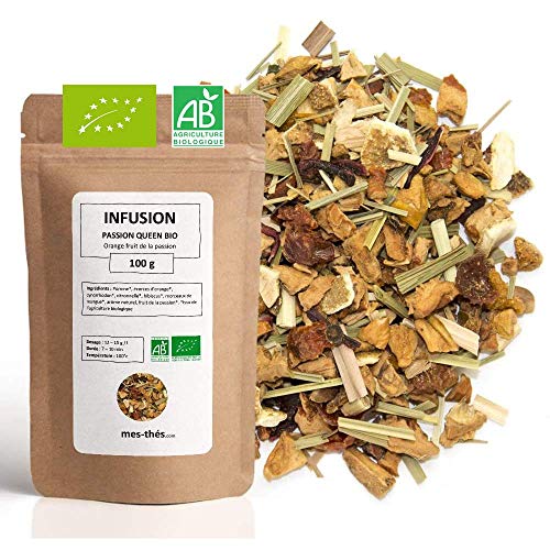 Infusión orgánica naranja fruta de la pasión – Pasion Queen – 100 g (40 tazas) – Té a granel 100% agricultura orgánica – Mes-tés