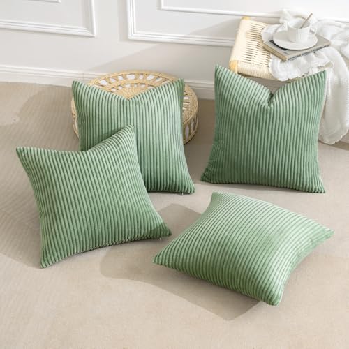 Image of MIULEE Boho Farmhouse Throw Pillow Covers 18x18 Inch Set of 4 Mordern Nordic Cushion Covers Soft Corduroy Spring Home Decor for Couch Bed Sofa Living Room Sage Green