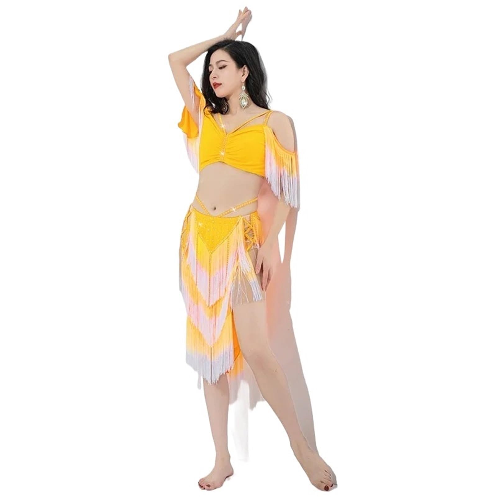 TRRYUIP Belly Dance Skirt Belly Dancer Costume Set For Women Sexy Top+sexy Drum Solo Skirt 2pcs Dancing Wear Clothing Bellydance Outfit(Orange white,M)