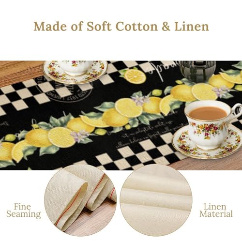 Image of Lemon Table Runner 13 inchx72 inch - Italian Style Black White Checkered Kitchen Table Decor with Yellow Lemons and Floral Print - Rustic Vintage Dining Room or Summer Party Decoration