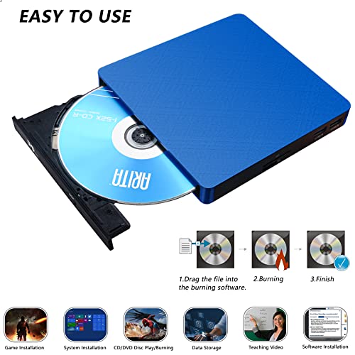 Image of HATOKU External CD /DVD Drive for Laptop (USB 3.0 & USB-C): 8X DVD /24X CD Burner - Portable DVD Player for Laptop - Plug & Play External CD Drive for PC Desktop Windows 11 10 8 7 MacOS Linux (Blue)